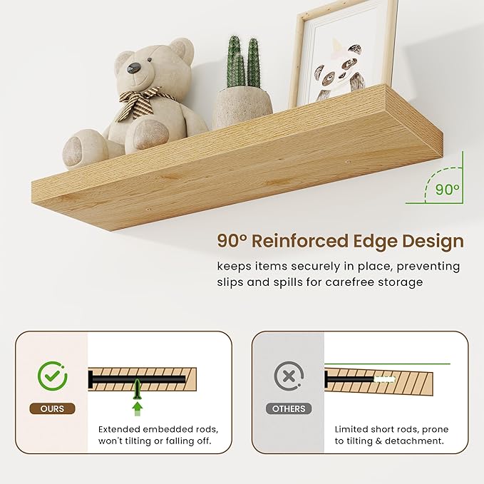 32in Floating Shelves for Wall, 32"W x 9.25"D x 1.25"H, 2 Pack Long Wall Mounted Engineered Wood Shelves with Invisible Brackets for Living Room, Bedroom, Bathroom, Kitchen Decor and Storage, Oak