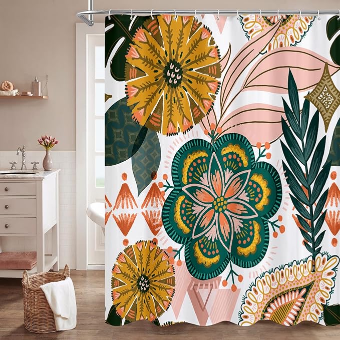 MitoVilla Extra Long Boho Floral Shower Curtain 72 x 84, Spring Leaves Shower Curtain, XL Chic Shower Curtains for Vintage Bathroom Decor, Bohemia Colorful Flower
