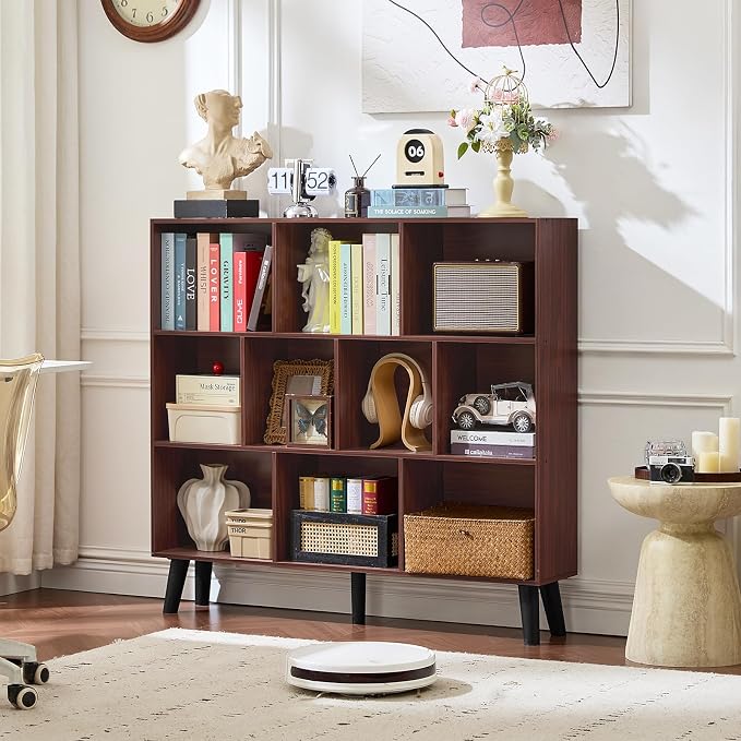 LEYAOYAO 10 Cube Bookshelf,3 Tier Modern Wide Bookcase with Legs,Mid-Century Wood Bookshelves Storage,Mint-Walnut Large Book Case,Freestanding Organizer Display Shelf for Bedroom,Living Room,Office