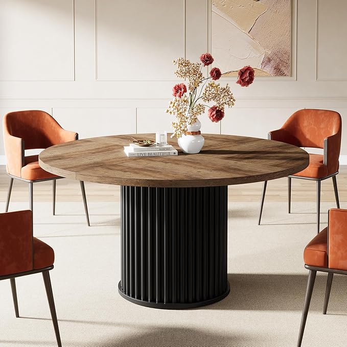 Tribesigns 47.24-Inch Black Round Dining Table for 4-6 People, Modern Fluted MDF + Metal Base Kitchen Table, Sturdy Circle Dining Room Furniture, Brown + Black