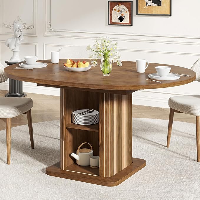 Extendable Round Dining Table for 4-6-8, 59 Inch Dining Room Kitchen Table with Storage, Fluted Wood Slide Door, Modern Oval Circle Dinner Furniture for Living Room, Farmhouse, Brown, Walnut