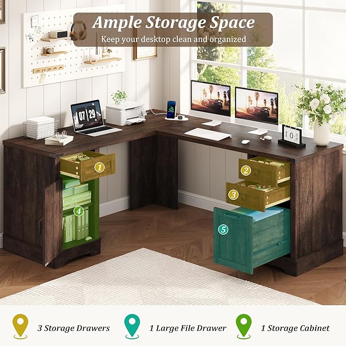 Squireewo 68.9'' Farmhouse L Shaped Desk with Drawers, Wood Executive Home Office Desk with Charging Station, File Drawers and Storage Cabinet, Computer Corner Desk for Work, Study and Writing, Brown