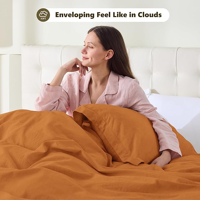 FALUCA French Linen Blend Duvet Cover Set 3Pcs King (104"x92") - Soft, Breathable, Cooling Farmhouse Bedding for Hot Sleeper (King, Burnt Orange/Rust)