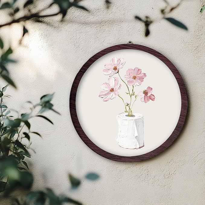 TFKFJLF Vintage Floral Round Wall Art Framed, Farmhouse Flower Round Wall Hanging Art Prints Artwork, Retro Wall Art for Toilet Living Room Bedroom, 10x10 Inch