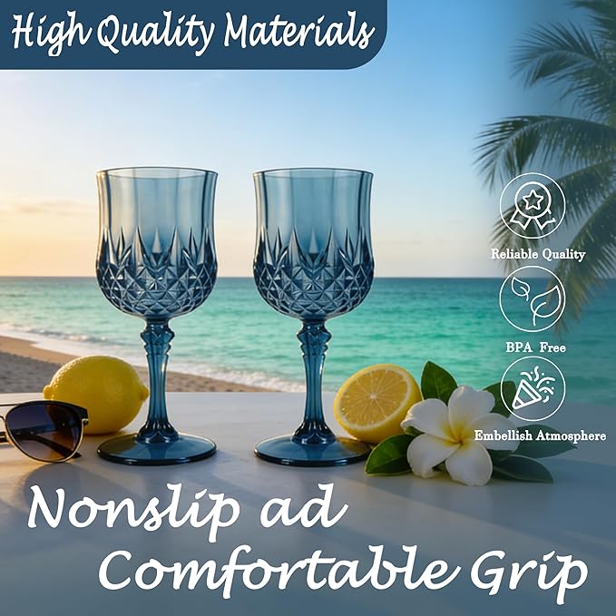 Plastic Wine Glasses, Plastic Goblets Vintage Style Cordial Drinking Glasses for Valentine’s Day, Wedding Reception, Grand Event Party Supplies (24, Navy Blue)