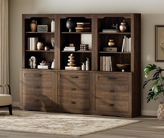 WAMPAT 3 Column 73.3" Tall Bookcase with Chest of Drawers, 94.5 inch Wide Standing Rustic Bookshelves, Modern Farmhouse Display Storage Cabinet with Adjustable Shelves,Dark Wood Brown