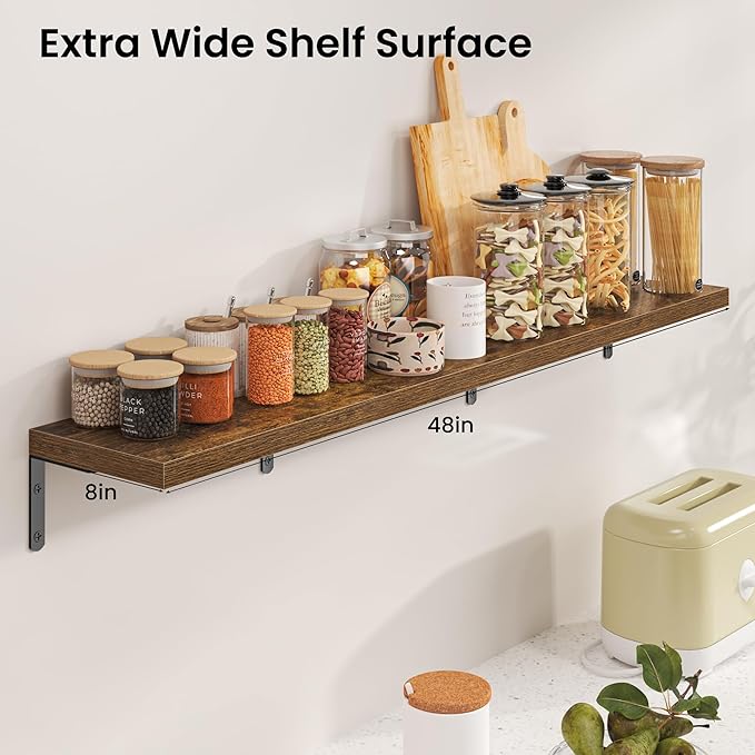 Marsmiles Extra Wide Floating Shelves for Wall, 48x8 Inch Natural Wood Grain Bookshelves, Heavy Duty Mounted Shelving for Bathroom, Kitchen, Living Room, Bedroom,Set of 2，Rustic Brown