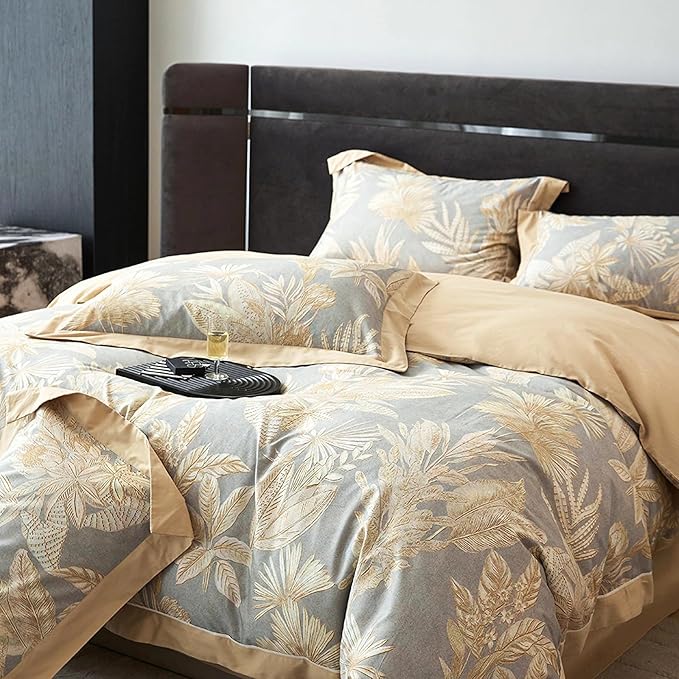 100% Cotton Duvet Cover Queen Size Set - Luxury Botanical Patterned, Soft Breathable & Skin-Friendly Comfort for All Season, Includes 1 Duvet Cover 90"x90" + 2 Pillowcases