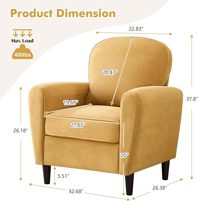 Accent Chair Set of 2, Mid Century Modern Arm Chair with Thick Cushion and Back, Comfy Upholstered Reading Chair Single Sofa Chair for Living Room, Bedroom, Club, Yellow