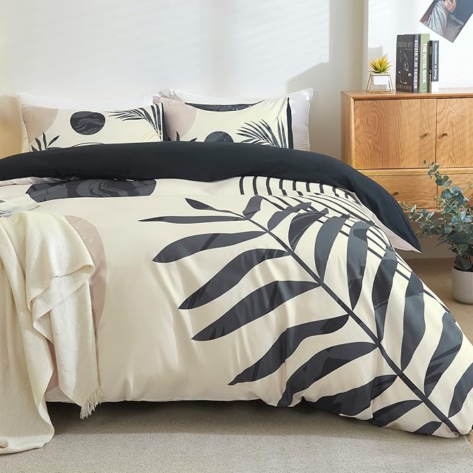 Hilioens Boho Duvet Cover Queen Black Abstract Arch Sun Modern Mid Century Boho Bedding Sets for All Seasons, 3 Pieces Home Bedroom Decorations Soft Microfiber