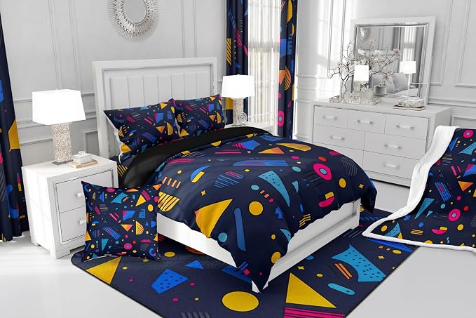 Memphis Geometric Pattern Comforter Cover Set King Size,Retro Style Round Half Moon Triangle Shapes Artwork Duvet Cover Colorful Graphic 80s 90S Style Bedding Set Abstract 1990S Memphis Home Decor