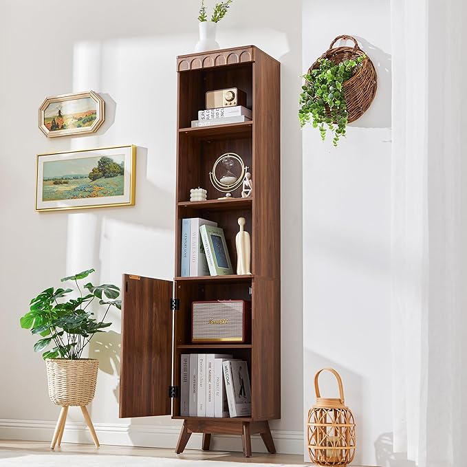 Tall Narrow Bookshelf with Door, Mid Century Modern Bookcase, 71" Slim Storage Cabinet with Adjustable Shelves, Modern Open Display Storage Organizer for Living Room Bathroom Office, Walnut