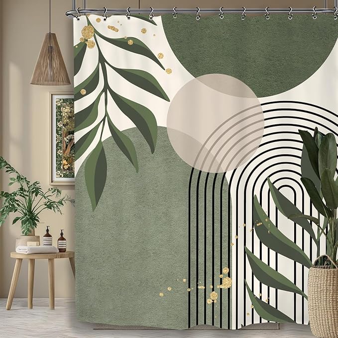 Yookeb Abstract Sage Green Bathroom Shower Curtain 60W by 71H Inch Modern Minimalist Mid Century Plant Leaves Aesthetic Neutral Geometric Contemporary 12 Plastic Hooks Waterproof Decor