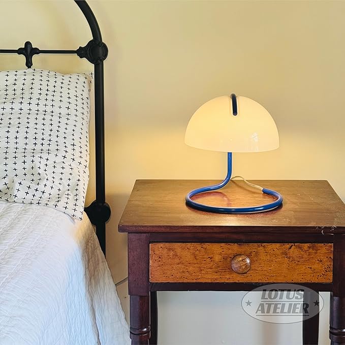 Lotus Atelier Blue Bauhaus Light | Retro Mushroom Table Lamp for Room Aesthetic Modern Lighting for Bedroom | Mid Century Modern | Living Room Decor & Bedroom Decor (10.5" H x 9.5" W) (Blue)