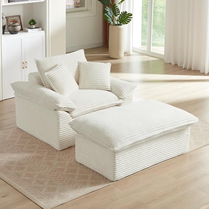 52" Boneless Chaise Lounge – Oversized Chaise Lounge Chair Indoor with Ottoman, Cup Holder & 3 Pillows, Corduroy 3-in-1 Floor Sleeper Chair Bed for Adults, Reading, Napping,White