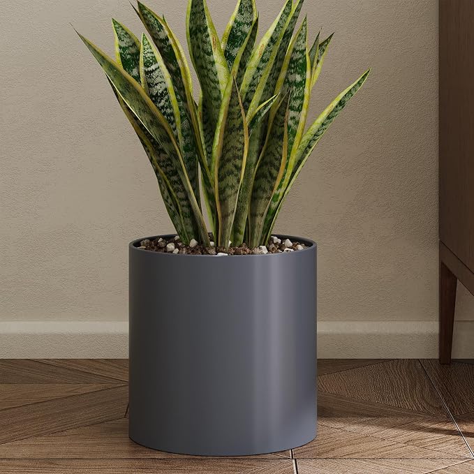 Metal Plant Pot with Drainage Hole,Mid Century Modern 7 inch Round Small Pot Indoor Outdoor Planters Gift for Decorative Pots of Tabletop Living Room Bedroom Grey