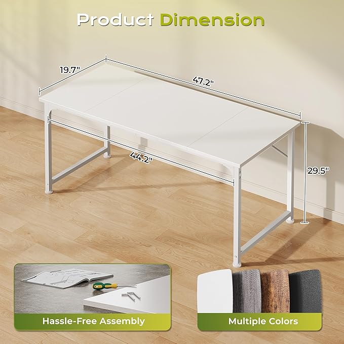 PRAISUN 47 Inch Computer Desk, Home Office Desk with Spacious Desktop, Modern Gaming Desk, Writing Study Table for Bedroom, Small Spaces, Work from Home Desk with Metal Frame, White