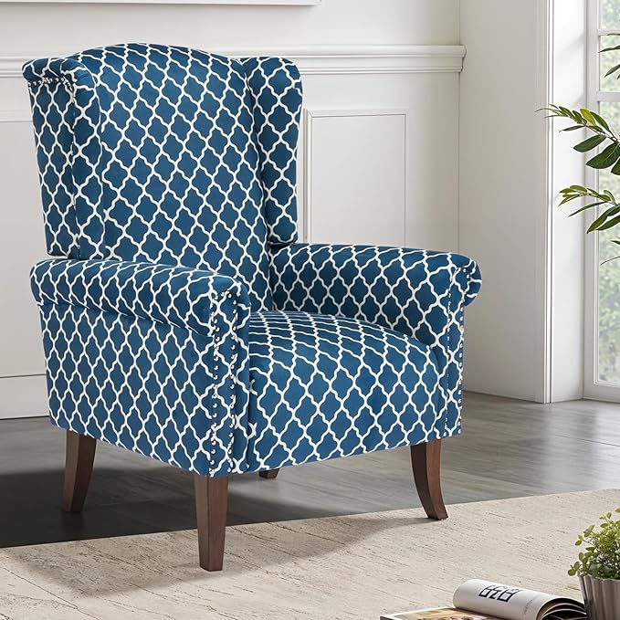 Modern Plaid Accent Chair, Mid-Century Upholstered Wingback Armchair Club Sofa Chair with Wooden Legs, Living Room Chair for Bedroom, Balcony, Lounge (Blue Check)