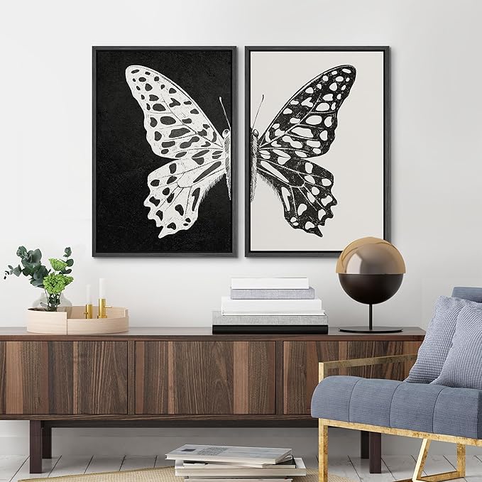 MUDECOR Framed Canvas Wall Art Black and White Butterfly Prints Minimalist Modern Art Boho Wall Decor for Bedroom - 24"x36"x2 Black
