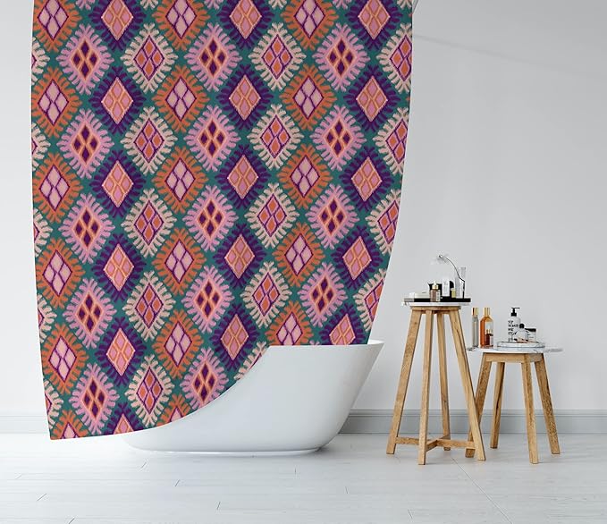 Pink Ikat Print Shower Curtain, Bathroom Decor, Boho Colorful Modern Fabric Shower Curtain 72x72 Inches (Ikat)