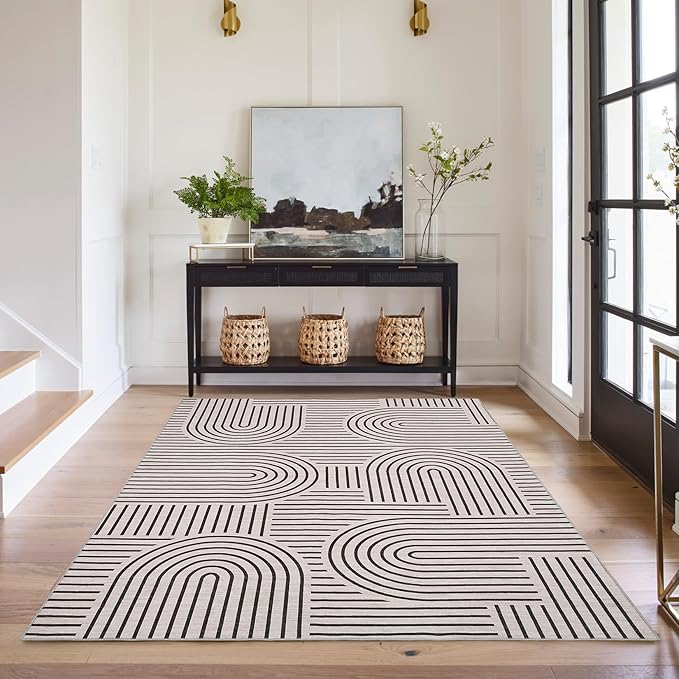 Washable Rug 5x7 Area Rugs for Living Room, Abstract Rug for Bedroom, Soft Rainbow Non Slip Rugs with Rubber Back, Low Pile Stain Resistant Boho Geometric Carpet for Dining Room, Light Camel
