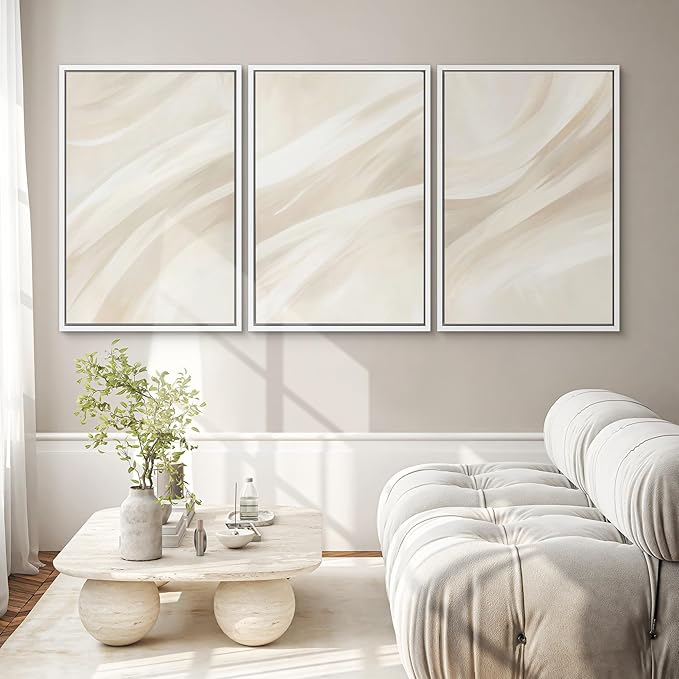 SIGNWIN Framed Canvas Print Wall Art Set Abstract Beige Flow Neutral Brushstroke Illustrations Modern Art Decorative Boho Relax/Zen Nordic for Living Room, Bedroom, Office - 16"x24"x3 White