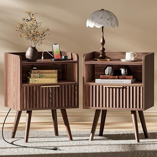 Huuger Nightstand with Charging Station, USB-C Port, Fluted Night Stand Set of 2, Bed Side Table with Drawer, Solid Wood Feet, Open Storage, End Table with Raised Edge, for Bedroom, Walnut