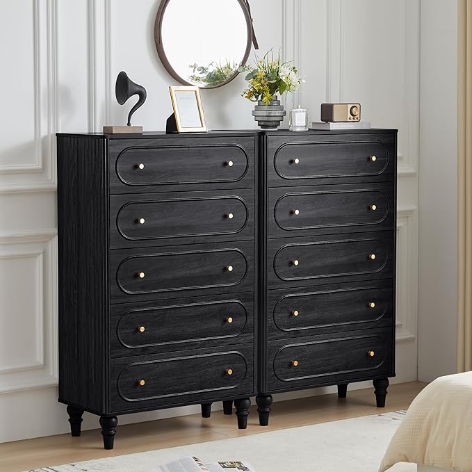 ORRD Fluted 5 Drawer Dresser for Bedroom, Mid Century Modern Chest of Drawers, Wood Storage Large Dresser Organizer for Bedroom Living Room Hallway Closet, Black