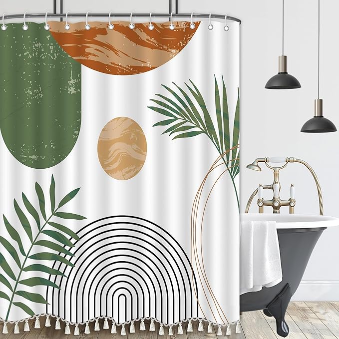 Boho Mid Century Leaf Shower Curtain Set,Arch Sun Design,Minimalistic Leaves Pattern,Waterproof and Luxurious Fabric-12 Hooks(Green-72" x 84")