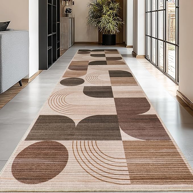 Machine Washable 2.7x8 Runner Rug, Soft Modern Geometric Abstract Brown Rugs for Bedroom Living Room, Non-Shedding Faux Wool Indoor Throw Floor Carpet for Office Entryway Dining Room Decor