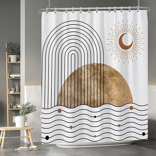 Baocicoo Boho Mid Century Shower Curtain Abstract Wave Shine Crescent Abstract Sun and Moon Shower Curtain for Bathroom Cubicle Durable Fabric Waterproof Curtain for Bathroom with Hooks 72x84 Inches