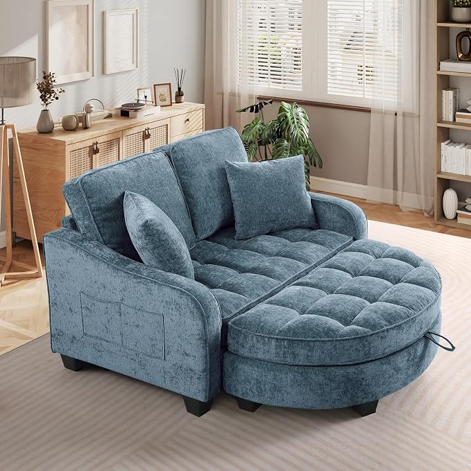 Oversized Chaise Lounge Chair Indoor with Ottoman, Chenille Tufted Comfy Loveseat Sofa Chair with Adjustable Backrest, Fluffy Recliner Sofa, Convertible Sleeper Couch Bed for Living Room(51"W, Blue)
