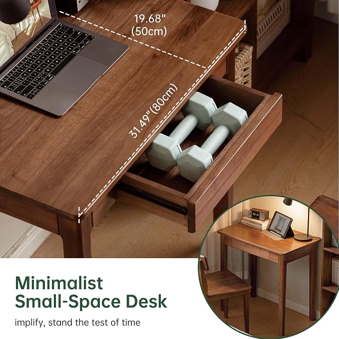 Walnut Solid Wood Desk, Mid-Century Modern Home Office Computer Desk with Drawers, Writing Table for Study, Bedroom & Workstation 31.49" W