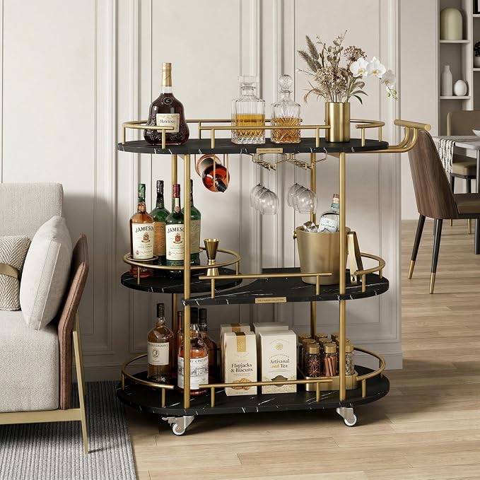 Takywep Bar Cart with Wine Rack and Glass Holder, 4-Tier Modern Serving Cart on Wheels, Mobile Liquor Cabinet & Coffee Station for Home Kitchen, Dining Room, Marble Wood/Gold