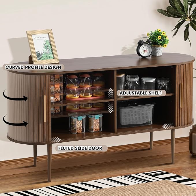Grepatio Sideboard Buffet Cabinet with Storage, 55" Tambour Credenza Cabinet with Fluted Slide Door and Adjustable Shelves, Wood Console Cabinets for Bedroom Living Room Hallway Entryway (Brown)