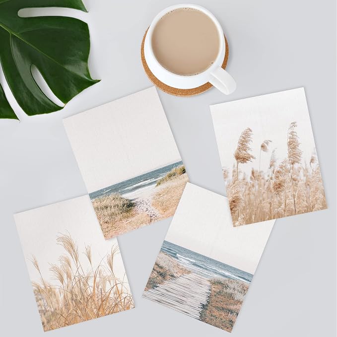 SIGNWIN Poster Bathroom Decor, Wall Art Room Decor Multicolor for Living Room, Bedroom, Office White Pampas Grass Beach Ocean Shore Horizon Nature Wilderness Realism Landscape Colorful - 12"x16"x4