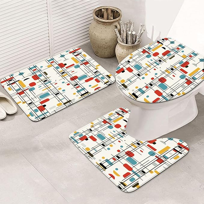 4 Pcs Retro Geometric Block Bathroom Set: Shower Curtain, Bath Mat, Toilet Lid Cover & Rug - Colorful Grid Pattern with Hooks for Mid-Century Modern Decor