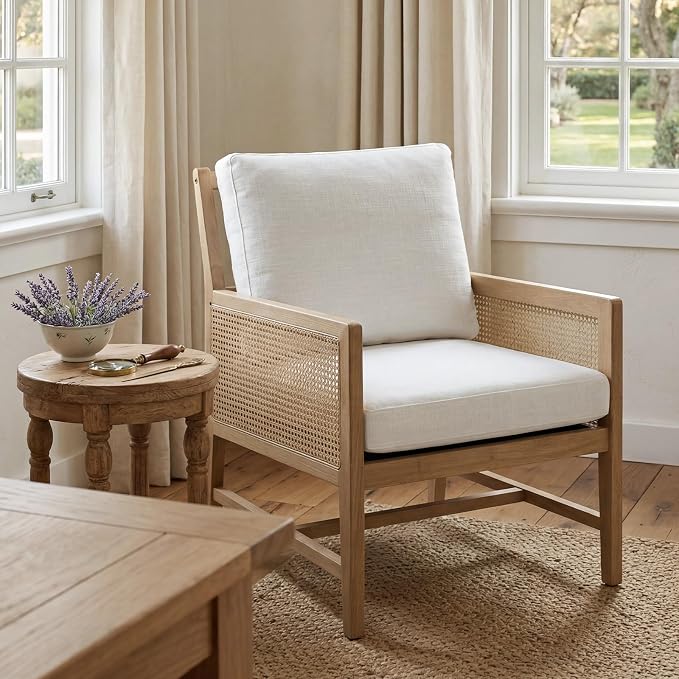 chairus Mid-Century Modern Accent Chairs Set of 2, Upholstered Solid Wood Armchairs with Cane Armrests & Slat Back, Comfy Rattan Reading Chairs for Living Room Bedroom Guest Room, Cream White Linen