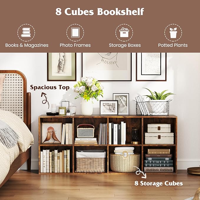 Tangkula 8-Cube Bookcase, Large Floor Standing Horizontal Bookshelf with 8 Open Shelves & 2 Anti-Tipping Kits, Home Office Wooden Storage Book Shelf for Living Room, Study (Rustic Brown, 8-Cube)