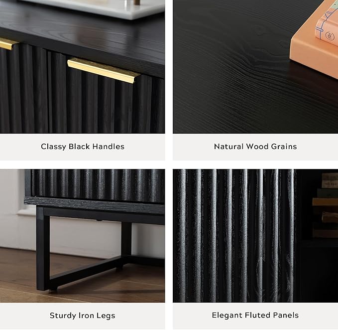 Fluted Storage Cabinet with 3 Doors, Sideboard Buffet Cabinets Adjustable Shelves, Credenza Console Table Cabinets for Living Room, Black