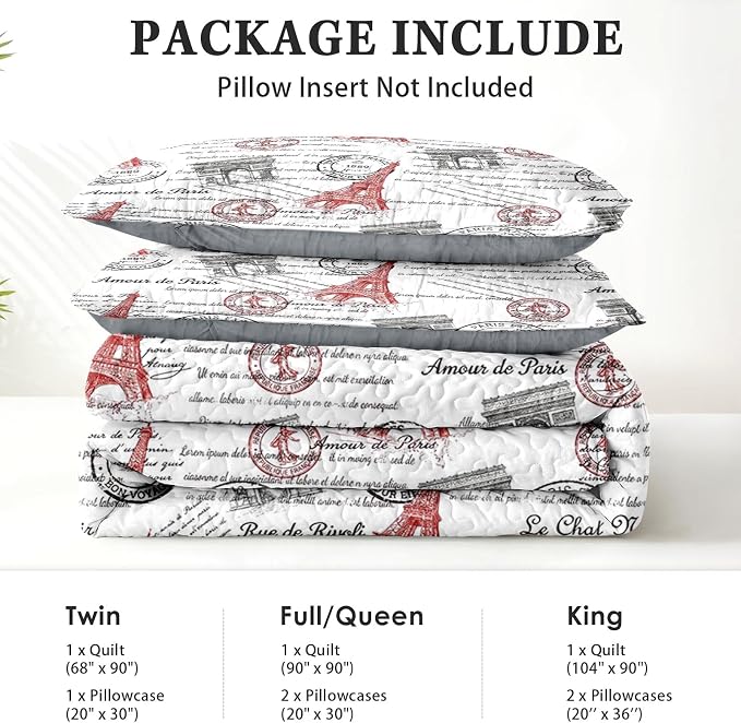 Pamnest Quilt Set King Size, Paris Vintage Eiffel Tower 3 Pcs Soft Bed Cover Bedding Set for Kids and Adults, France Old Iron Lightweight Bedspread Coverlet with Pillow Sham for All Season