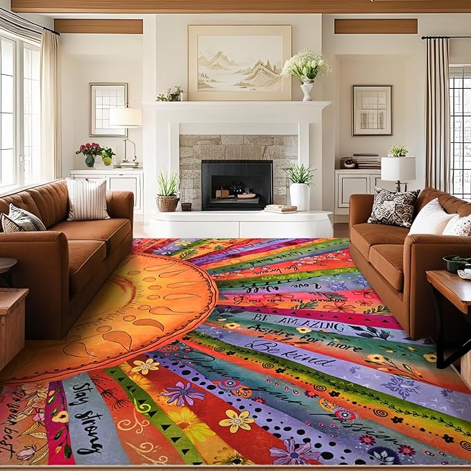 Likiyol Sun Rugs for Living Room 9x12 Area Rug, Non Slip Washable Rugs for Bedroom Soft Faux Wool Inspirational Living Room Rug, Large Floor Carpet for Bedroom, Dining Room, Home Office