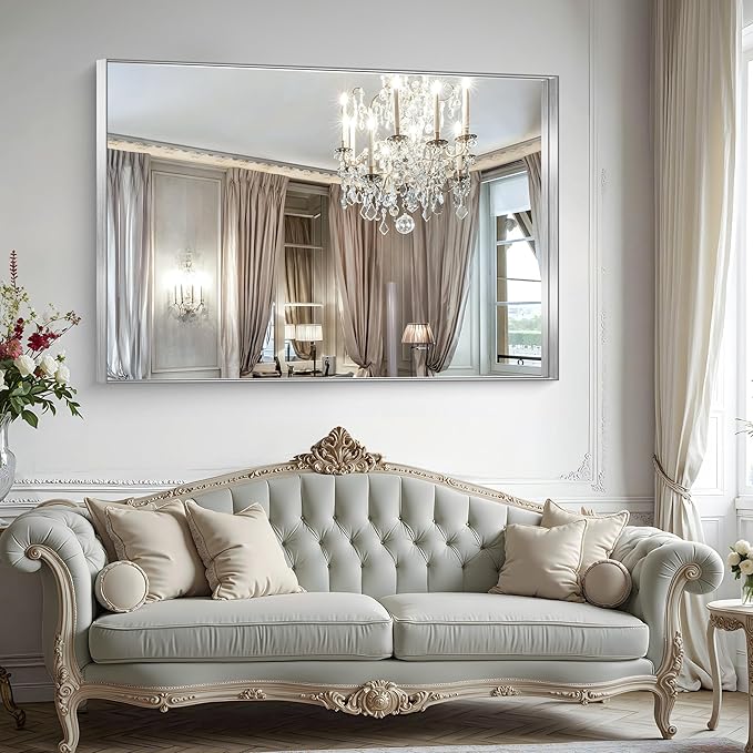 CIRCUMI Silver Bathroom Mirror, 40"x60" Rectangular Mirror with Deep Metal Frame, Brushed Finish, Tempered Glass, Large Mirror for Wall, Over 2 Sinks, Installed Vertically/Horizontally, Crystal-Clear