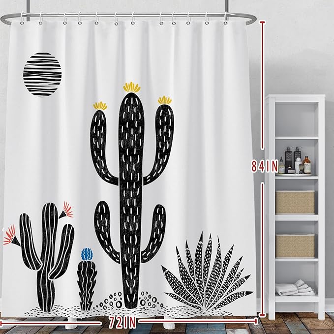 Baocicoo Boho Cactus Shower Curtain Tropical Plants Minimalism Floral Abstract Moon Black and White Shower Curtains for Hotel Home Bathroom Polyester Waterproof Fabric with Hooks 72x84 Inches