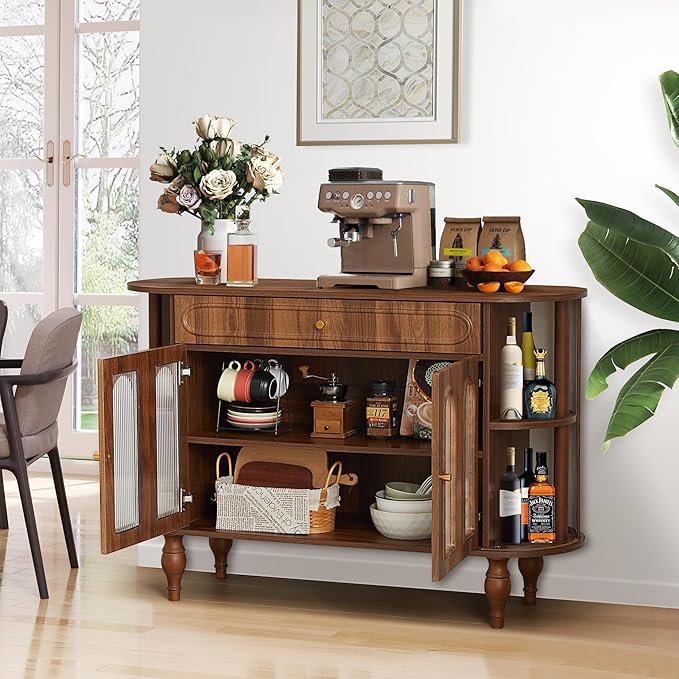 XUZENEST 47'' Fluted Sideboard Buffer Cabinet with Drawer, Modern Credenza Storage Cabinet, Bar Cabinet Console Table with Tambour Sliding Side for Living Dining Room Kitchen Hallway Entryway, Walnut