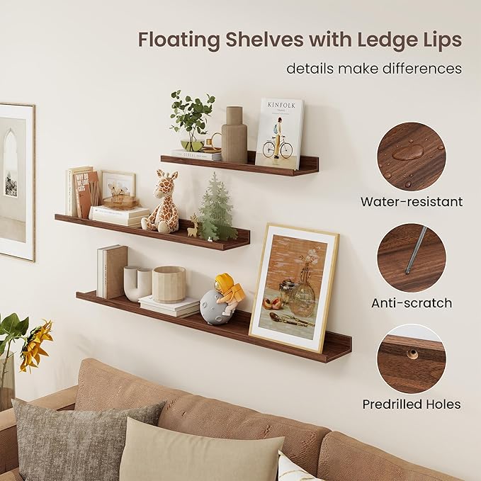 Axeman 36 Inch Floating Shelves | Walnut Picture Ledge Shelf Set of 3 | Rustic Wood Wall Shelves with Lip | 36" Walnut Picture Shelf for Wall with Ledge | Photo Shelves
