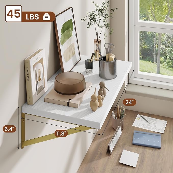 Deep Wall Shelves 24"W x 12"D Engineered Wood Floating Shelves for Wall, Sturdy Metal Bracket(Gold) Bookshelves Home Decor Storage for Living Room Bedroom Bathroom Kitchen, Set of 2, White Finish