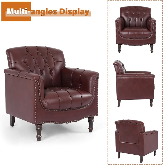 Faux Leather Club Chairs Set of 2, Retro Upholstered Armchair Accent Chair with Solid Wood Legs & Nailhead Trim for Living Room/Reading Room, Dark Red
