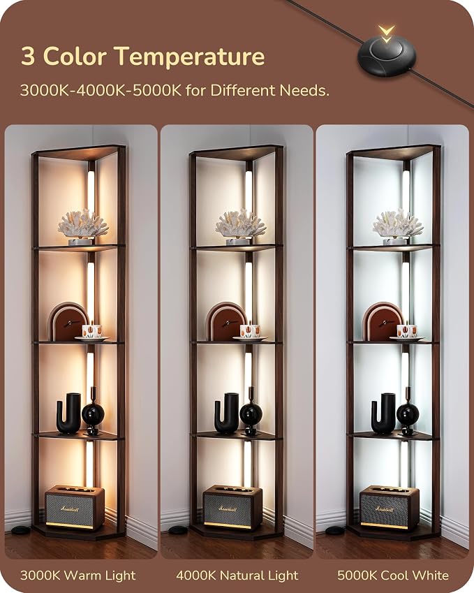 EDISHINE Dimmable LED Floor Lamp with Shelves, Corner Floor Lamps for Living Room, Corner Shelf with LED Light, 3CCT, Modern Standing Lamp, Floor Lamp for Bedroom, Office, Walnut
