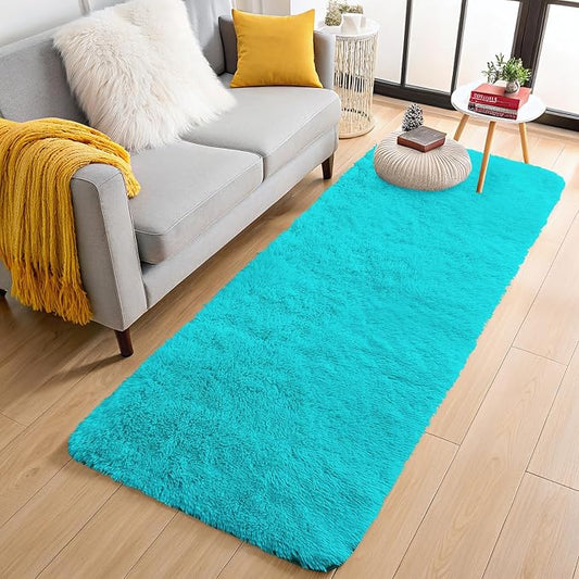 OLANLY 2x6 Machine Washable Runner Rugs for Hallway, Soft Fluffy Shaggy Bedside Rugs for Bedroom, Living Room, Indoor Floor Carpet for Kids Girls Boys, Nursery Rooms, Home Decor Aesthetic, Teal Blue